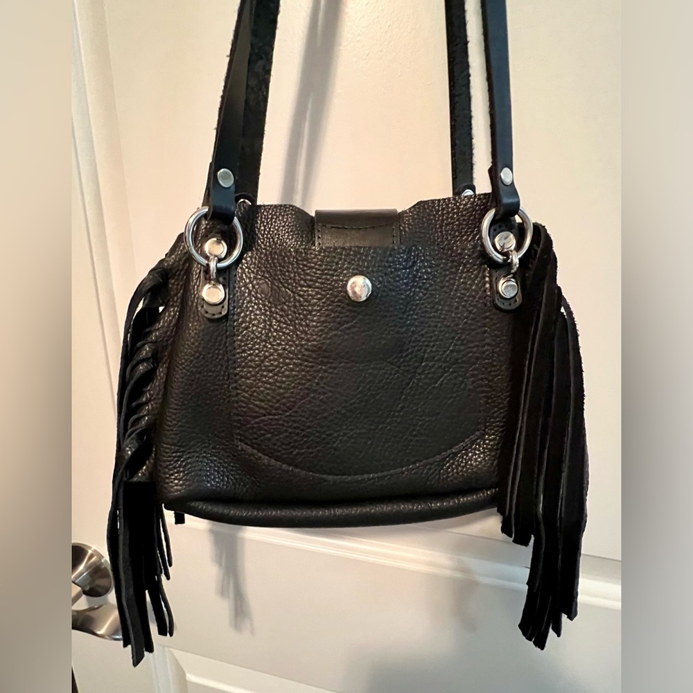 Black pebbled leather purse with fringe